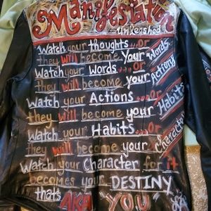 Hand painted leather black jacket SPOKEN WORDS. ORIGINAL SZM